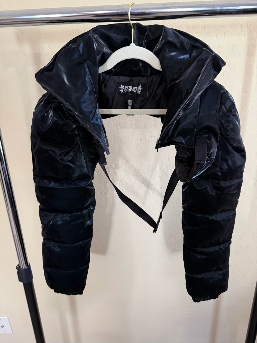 Black Cropped Puffer Jacket with High Collar - Darker Wave
